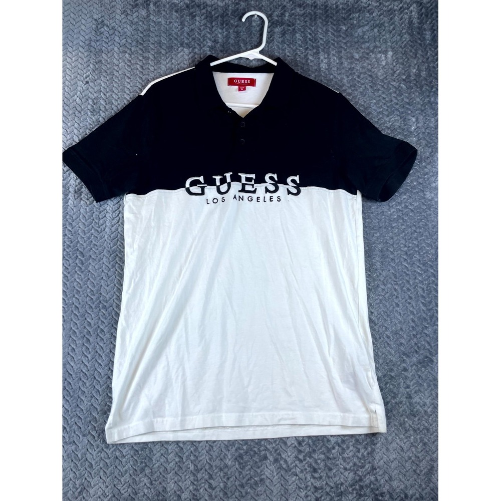 Guess Los Angeles T Shirt Mens M White Black Stretch Spellout Logo Henley Neck
